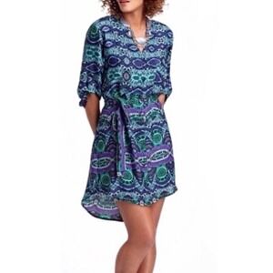 ANTHROPOLOGIE Maeve Blue & Green Aztec Print Button Up Shirt Dress Size XS